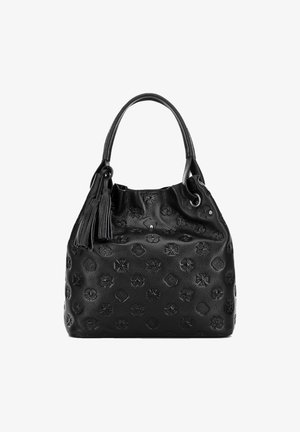 Black leather handbag with embossed geometric and floral patterns, featuring double handles and decorative tassels on one side.