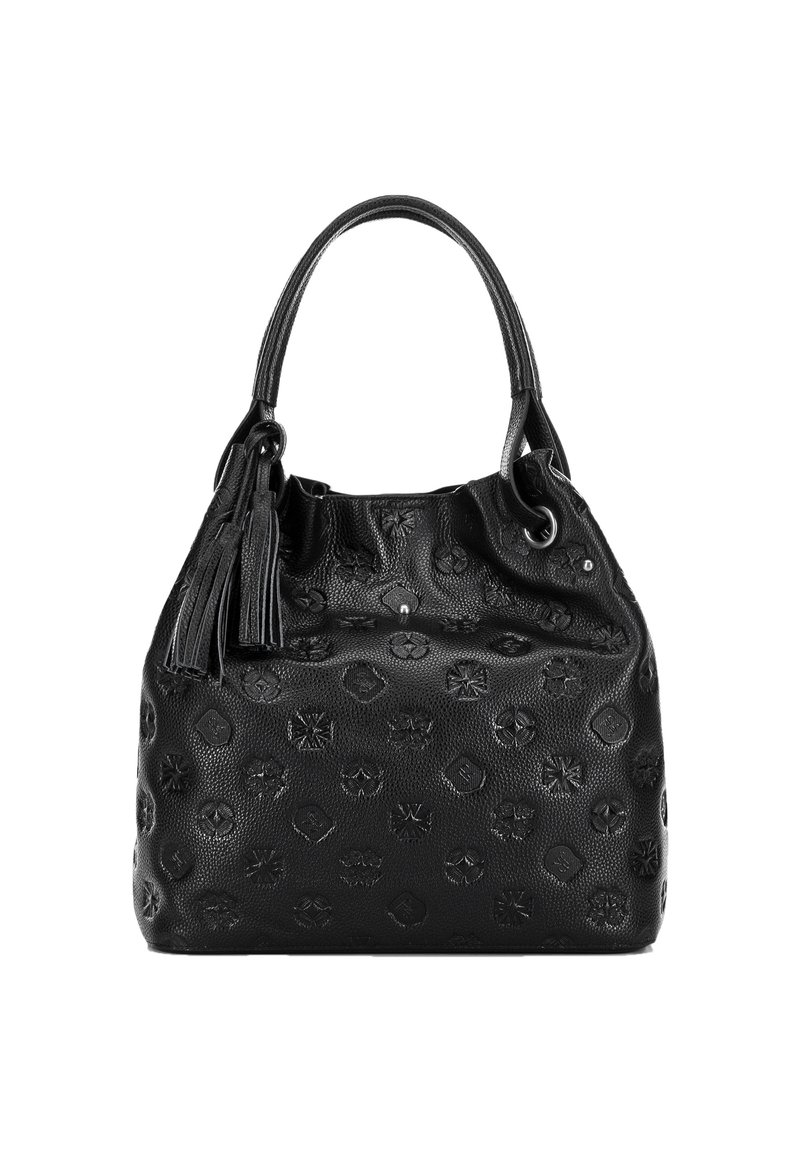 Czarna skórzana torebka z wytłoczonymi geometrycznymi i kwiatowymi wzorami, z podwójnymi uchwytami i dekoracyjnymi frędzlami po jednej stronie.