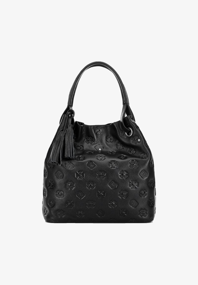 Czarna skórzana torebka z wytłoczonymi geometrycznymi i kwiatowymi wzorami, z podwójnymi uchwytami i dekoracyjnymi frędzlami po jednej stronie.