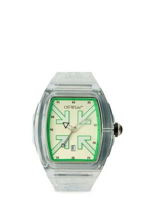 Clear square wristwatch with green arrow designs on the dial, silver hands, date display, and transparent strap.