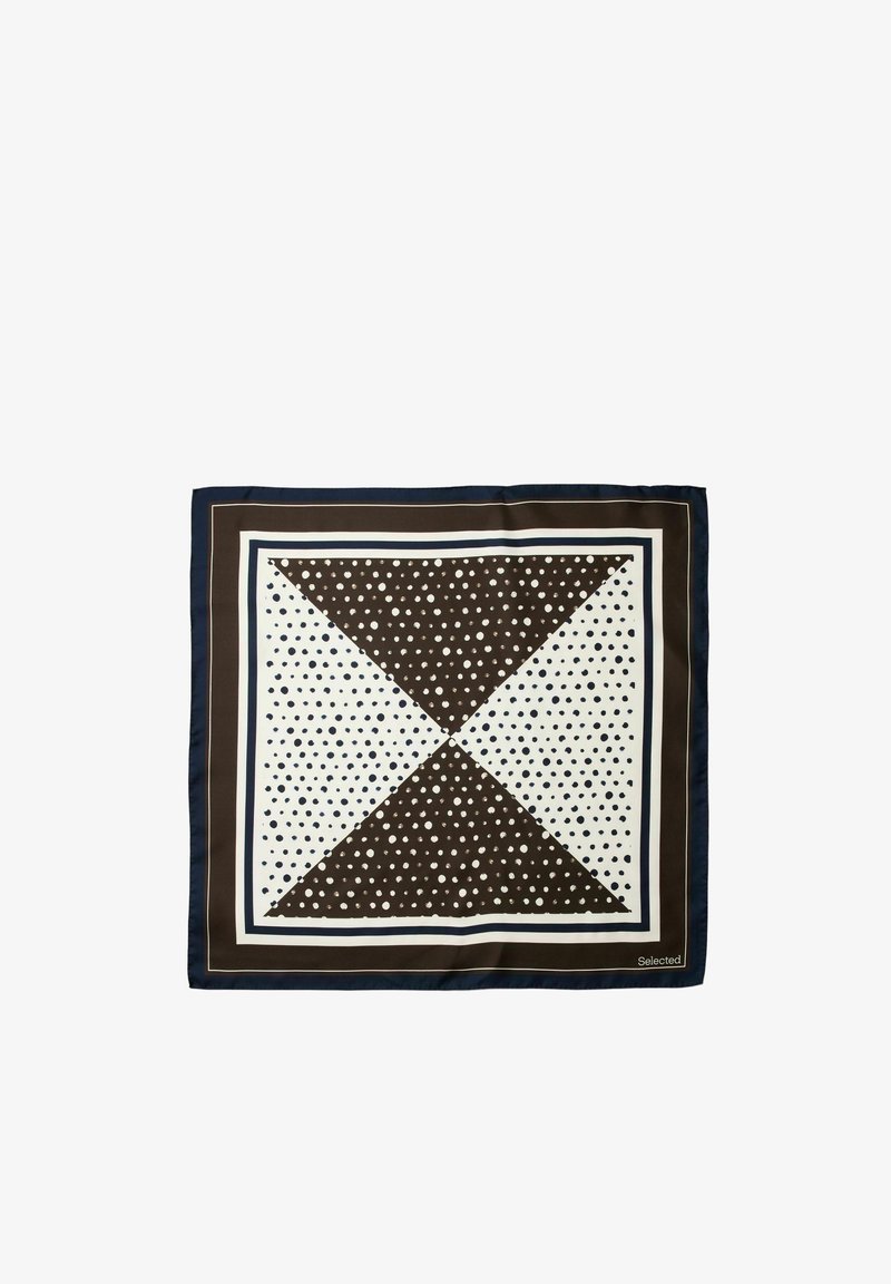 Foulard carré en soie avec un motif géométrique de triangles marron et blancs remplis de petits points blancs et noirs, bordé de brun foncé et noir.