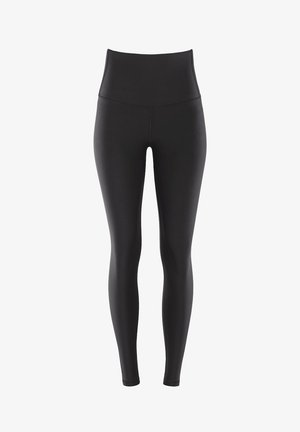 Kõrge talje mustad legginsid, mis on valmistatud venivast kangast, millel on sile tekstuur ja keha lähedane disain, omades lihtsat, ilma õmblusteta konstruktsiooni.