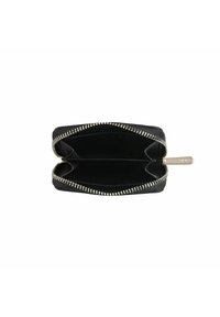Sort lynlåswallet med en tekstureret overflade, hardware i guldtoner og et rummeligt interiør med to rum.