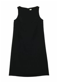 Robe noire sans manches avec un col rond et une silhouette droite. Équipée d'une fermeture éclair discrète dans le dos. Fabriquée dans un tissu lisse.