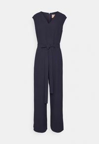 Jednodílný overal bez rukávů v námořnické modři s výstřihem do V, páskem v pase, širokými nohavicemi a zipem na zadní straně.