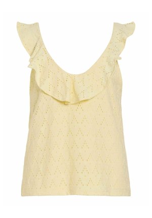 Lys gul ermeløs topp med hullmønsterstoff og stor volangdetalj ved halsen, designet for casual bruk.