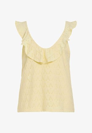 Jasnożółty top bez rękawów z materiału z oczkami i dużym falbankowym detalem na dekolcie, zaprojektowany do noszenia na co dzień.