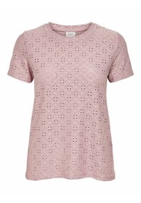 Maglietta corta rosa chiaro con maniche corte, caratterizzata da un design a occhio di formica floreale con ritagli decorativi, scollatura rotonda e una texture di tessuto morbido.