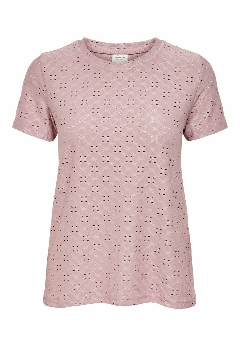Maglietta corta rosa chiaro con maniche corte, caratterizzata da un design a occhio di formica floreale con ritagli decorativi, scollatura rotonda e una texture di tessuto morbido.