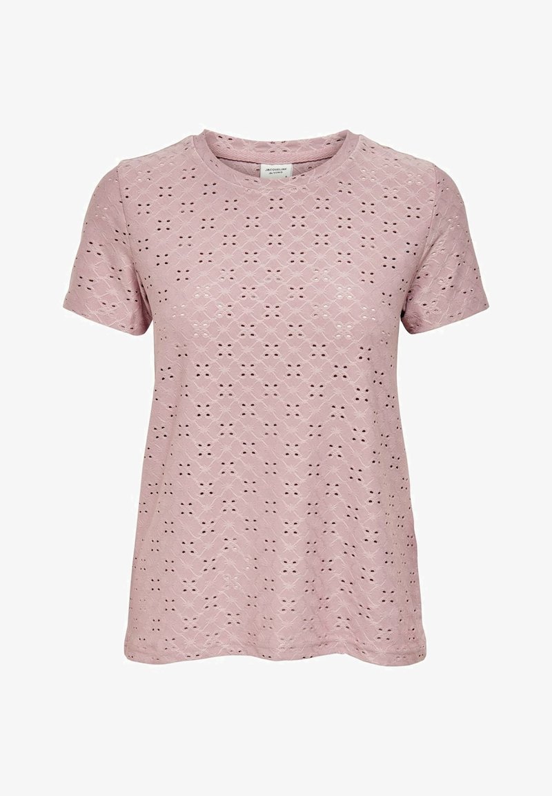 Jasnoróżowa koszula z krótkim rękawem, zdobiona kwiatowym wzorem ażurowym z dekoracyjnymi wycięciami, okrągłym dekoltem i miękką fakturą materiału.