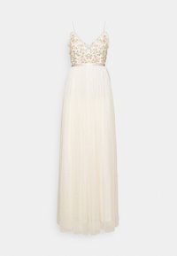 Dlouhá, bezrukávová róbe s květinově vyšívaným korpusem, v-výstřihem a jemnými volánkovými ramínky; splývavá průsvitná sukně v krémové barvě.