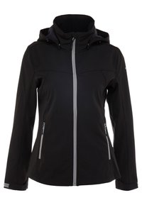 Veste softshell noire à capuche avec fermeture éclair avant grise, deux poches latérales zippées et poignets ajustables, conçue pour une utilisation en plein air.