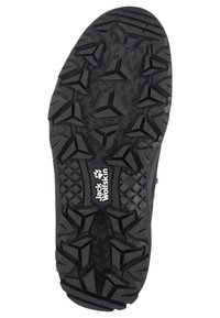 Suela de zapato de goma negra que presenta un patrón de tracción texturizado y multidireccional, junto con un logotipo elevado que dice "Jack Wolfskin". Los bordes reforzados mejoran la durabilidad.