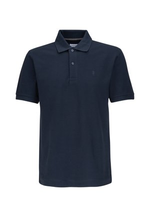 Navyblauwe polo, korte mouwen, met kraagontwerp, voorzien van twee knopen bij de hals en een klein geborduurd logo op de linkerborst.