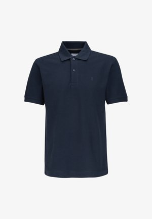 Navyblauwe polo, korte mouwen, met kraagontwerp, voorzien van twee knopen bij de hals en een klein geborduurd logo op de linkerborst.