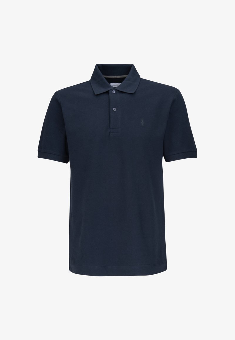 Polo shirt bleu marine, à manches courtes, design avec col, comportant deux boutons au niveau du cou et un petit logo brodé sur la poitrine gauche.