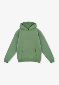 Grøn bomulds-hoodie med frontlomme, snørelukning på hætten og hvid "PEGADOR"-tekst på brystet. Ribstrikkede manchetter og kant.