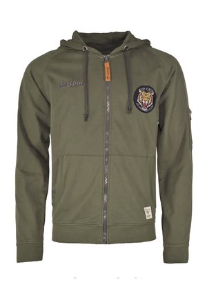 Olive green zip-up hoodie made of soft fabric, featuring a tiger patch, drawstring hood, and front pockets. Includes branded embroidery.
