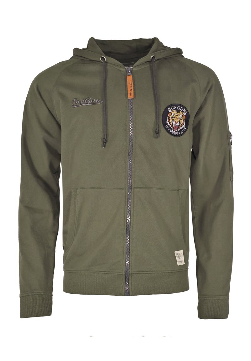 Olijfgroene hoodie met ritssluiting, gemaakt van zachte stof, met een tijgerpatch, een capuchon met trekkoord en voorzakken. Inclusief gebrandmerkte borduursels.