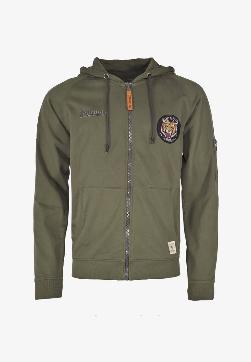 Olijfgroene hoodie met ritssluiting, gemaakt van zachte stof, met een tijgerpatch, een capuchon met trekkoord en voorzakken. Inclusief gebrandmerkte borduursels.