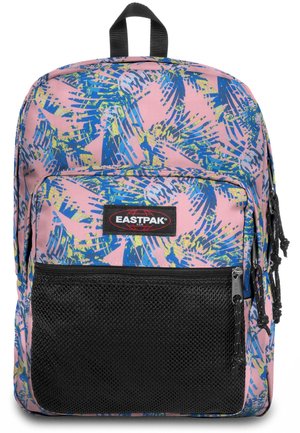 Rygsæk med pink, blå og gul abstrakt bladmotiv, sort netlomme foran og Eastpak-logo på forlommes bryst.