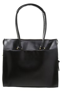 Czarna skórzana torebka na ramię z dwiema długimi rączkami, zamknięciem na zamek błyskawiczny oraz złotymi ozdobami. Gładka faktura, prostokątny kształt, bez widocznych wzorów.