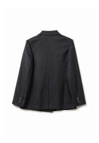 Blazer noir formel à manches longues, avec trois boutons sur chaque poignet et une couture au dos, posé à plat sur un fond blanc.