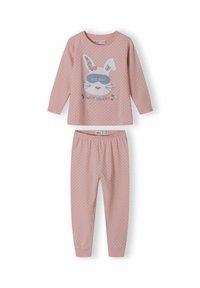 Pigiama rosa a maniche lunghe con un design di coniglio e una maschera per dormire. Piccole pois bianche decorano sia la parte superiore che i pantaloni a sigaretta.