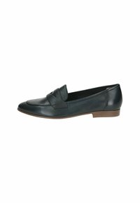 Tumši zaļi ādas loafers, ar noapaļotu purngalu, vienkāršu dizainu un mazu, sakrautu papēdi. Nav redzamu rakstu vai aparatūras akcentu.