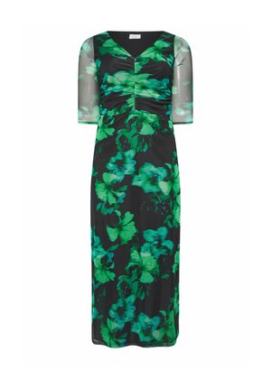 Musta midi-mekko, jossa vihreä kukkakuosi, läpikuultavat kyynärpään pituiset hihat, poimutettu V-kaula-aukko ja vartalonmyötäinen siluetti.