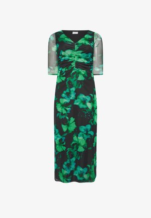 Musta midi-mekko, jossa vihreä kukkakuosi, läpikuultavat kyynärpään pituiset hihat, poimutettu V-kaula-aukko ja vartalonmyötäinen siluetti.