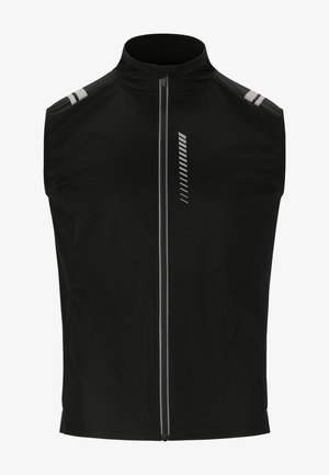 Zwarte mouwloze vest gemaakt van lichtgewicht materiaal, met een ritssluiting aan de voorkant, reflecterende strepen op de schouders en verticale lijn details aan de voorkant.