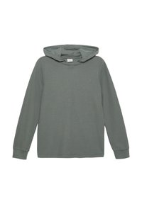 Maglietta a maniche lunghe con cappuccio di colore verde oliva, realizzata in tessuto testurizzato con dettagli a costine sui polsini e sull'orlo. Etichetta di branding minimale all'interno.