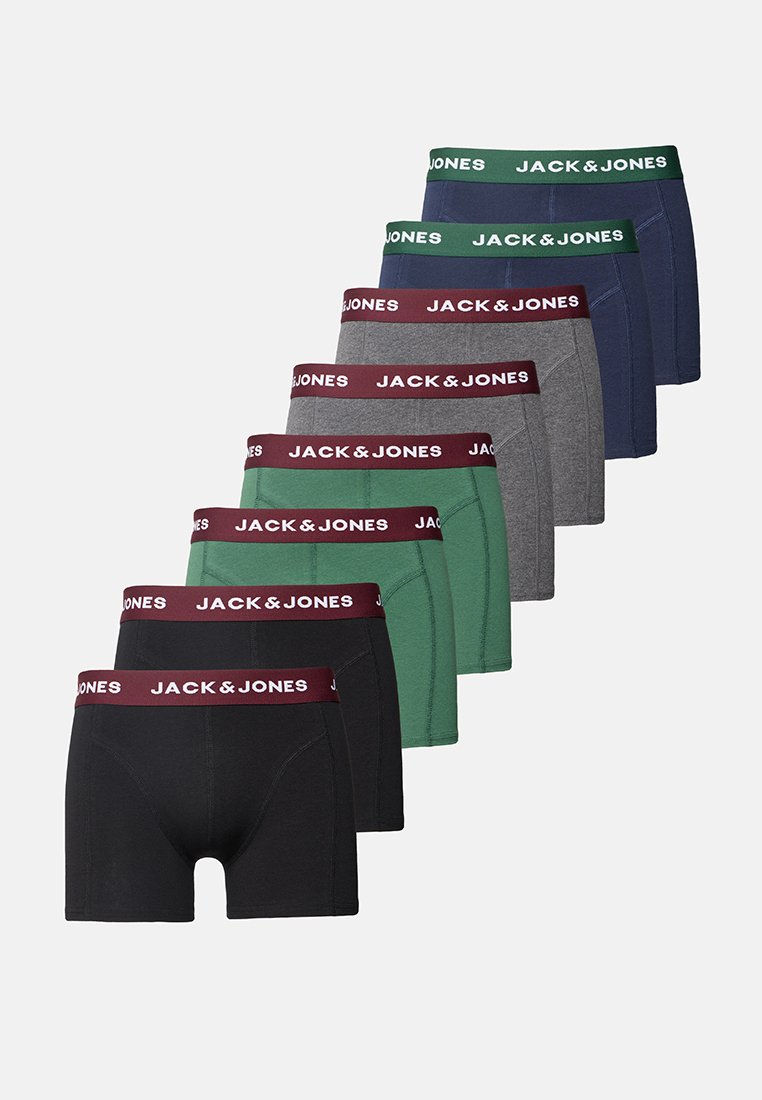 Siete pares de boxers para hombre en negro, verde, gris y azul marino con cinturas de marca "JACK & JONES" en burdeos y verde.
