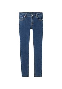 Lieknos džinsai tamsiai mėlynos denim medžiagos, su lygiu paviršiumi, penkių kišenių dizainu, metaliniu užsegimu ir kontrastinga siūlės apdaila.