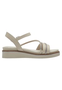 Sandali wedge beige con tomaia in pelle liscia, dotati di cinturini incrociati, una striscia di accento argentata e una suola texturizzata per una migliore aderenza.