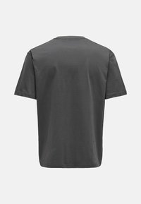 Dark gray short-sleeve t-shirt with a round neckline, made of smooth fabric, featuring a relaxed fit and minimalistic design.