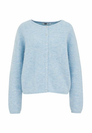 Lichtblauwe gebreide cardigan met een ronde hals, lange mouwen en knopen aan de voorkant. De textuur is zacht en gezellig, ideaal voor laagjes.