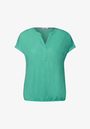 Turquoise blouse gemaakt van lichtgewicht stof, met korte mouwen, een V-hals en een elastische onderzoom voor een relaxte fit.
