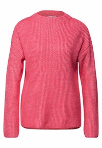 Rosa stickad tröja med rund halsringning, långa ärmar och ett strukturerat mönster. Har ribbade muddar och nederkant för extra detalj.