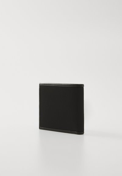 Black bifold wallet made of textured material with a smooth finish. Features clean edges and minimalistic design with no visible logos.