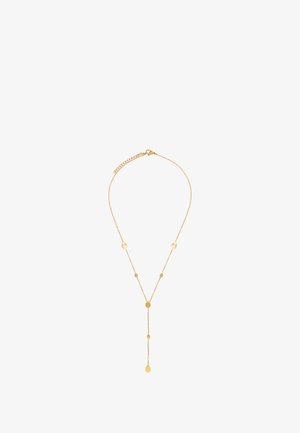 Delicate gouden ketting met kleine ovale en druppelvormige bedels, met een Y-vormig hangontwerp en een verlengkettinkje met een kreeftsluiting.