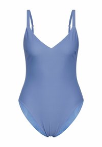 Costume da bagno azzurro chiaro con scollatura a V e spalline sottili. Realizzato in tessuto morbido e elastico con un'accenno arricciato sul fondo.