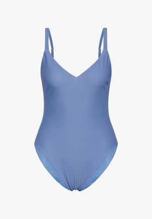 Világoskék fürdőruha V-nyakú fazonnal és vékony pántokkal. Sima, rugalmas anyagból készült, az alján ráncolt részlettel.