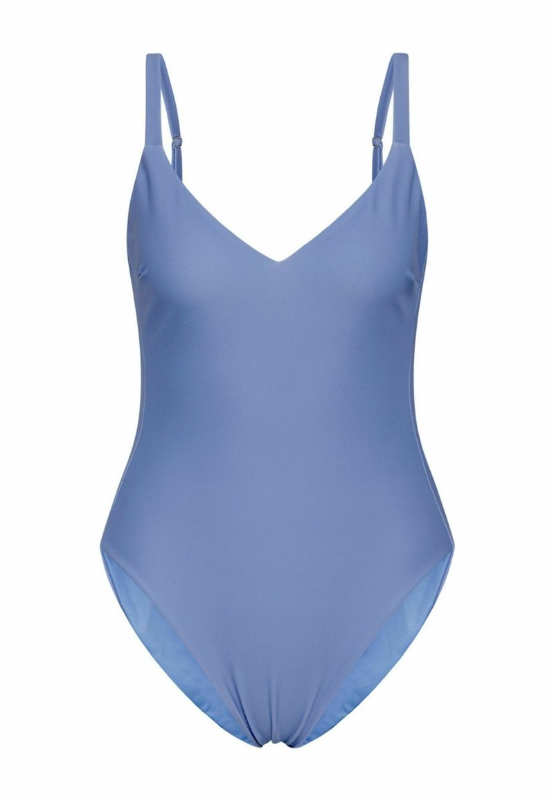 Costume da bagno azzurro chiaro con scollatura a V e spalline sottili. Realizzato in tessuto morbido e elastico con un'accenno arricciato sul fondo.