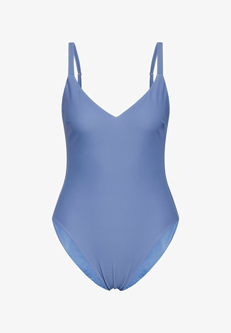 Svetlo modra kopalna obleka z V-izrezom in tankimi ramenimi trakovi. Narejena iz gladkega, raztegljivega materiala z nabranim detajlom na dnu.