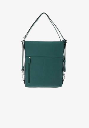 Sac bandoulière en cuir bleu sarcelle au design plat, doté d'une poche zippée à l'avant et d'une sangle ajustable avec des détails en métal argenté.