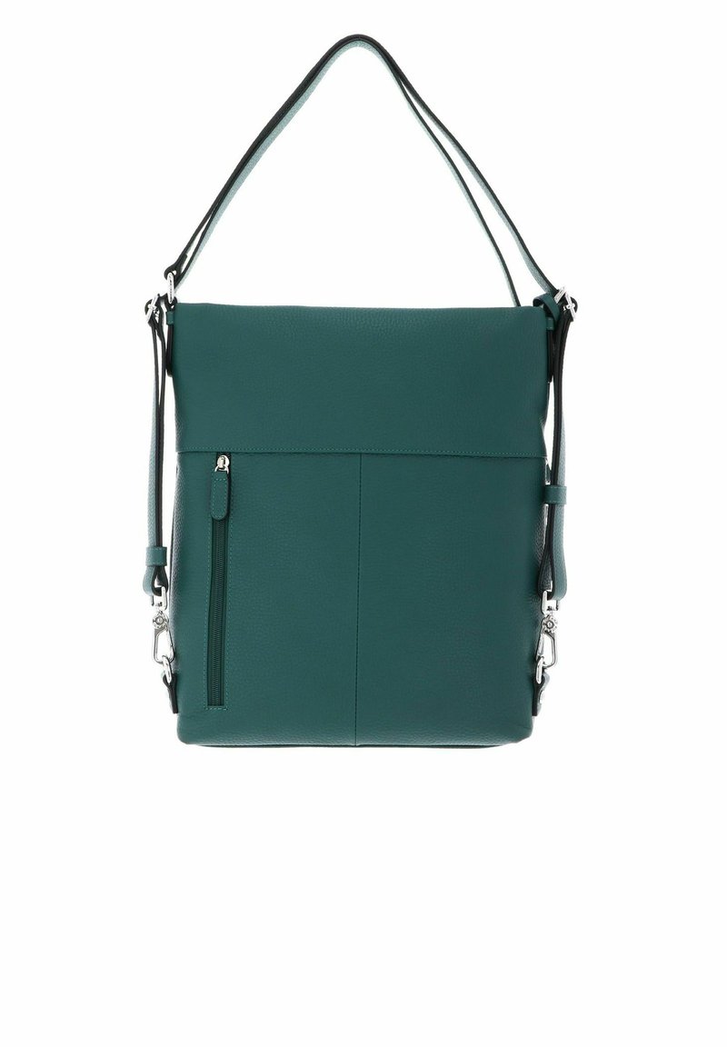 Sac bandoulière en cuir bleu sarcelle au design plat, doté d'une poche zippée à l'avant et d'une sangle ajustable avec des détails en métal argenté.