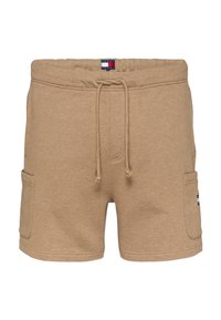Pantaloni corti marrone chiaro realizzati in morbido tessuto cotone misto. Presentano una vita elastica con coulisse, due tasche laterali e una toppa con logo.