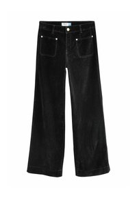 Black wide-leg corduroy pants with front pockets, silver button closure, and contrast stitching. Soft texture and loose fit throughout.